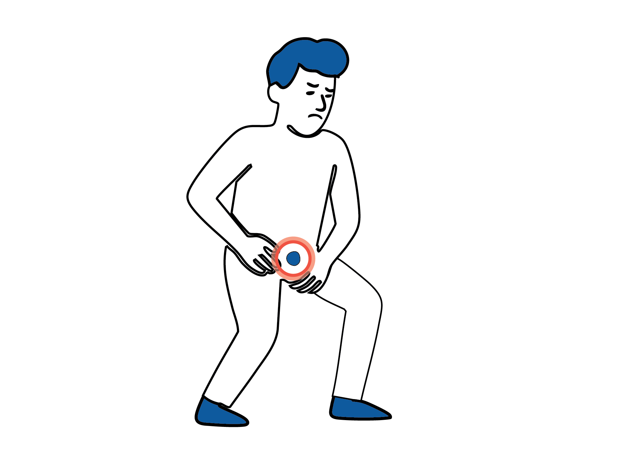 Medisinsk illustrasjon som viser at lyskebrokk gir smerter ved hosting, pressing eller tunge løft.