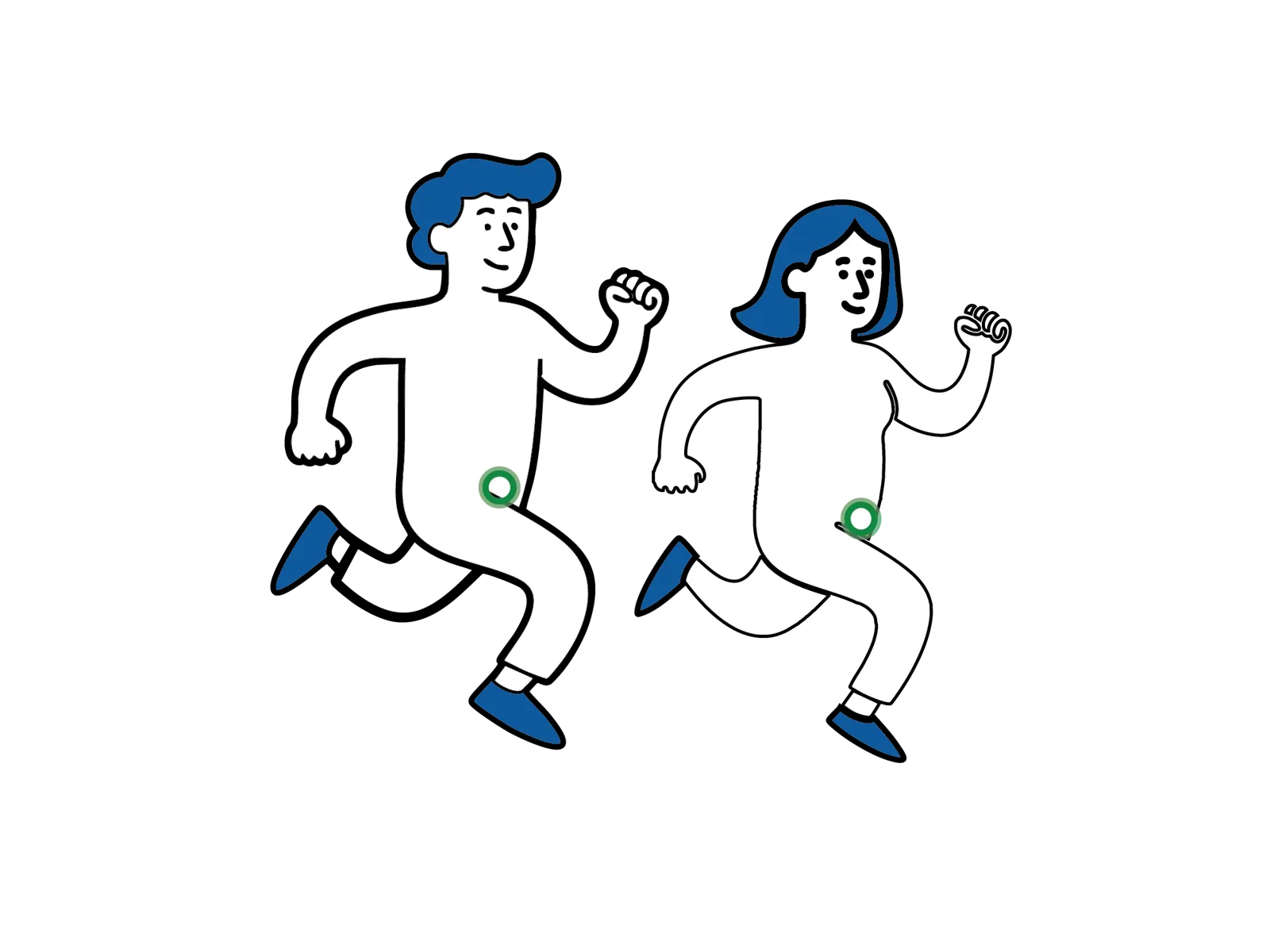 Illustrasjon av en mann og en kvinne som løper, med grønn markering i lysken som viser at fysisk aktivitet kan gjenopptas når det føles greit.