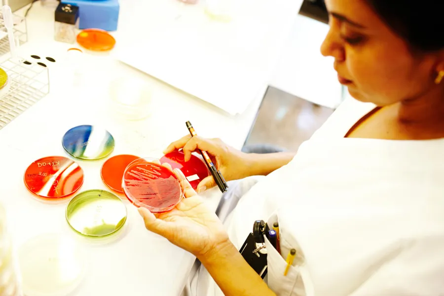 En kvinne som analyserer prøver på et laboratorium