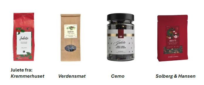 Fire ulike pakker med julete fra forskjellige merker: Kremmerhuset, Verdensmat, Cemo og Solberg & Hansen står oppstilt side om side.