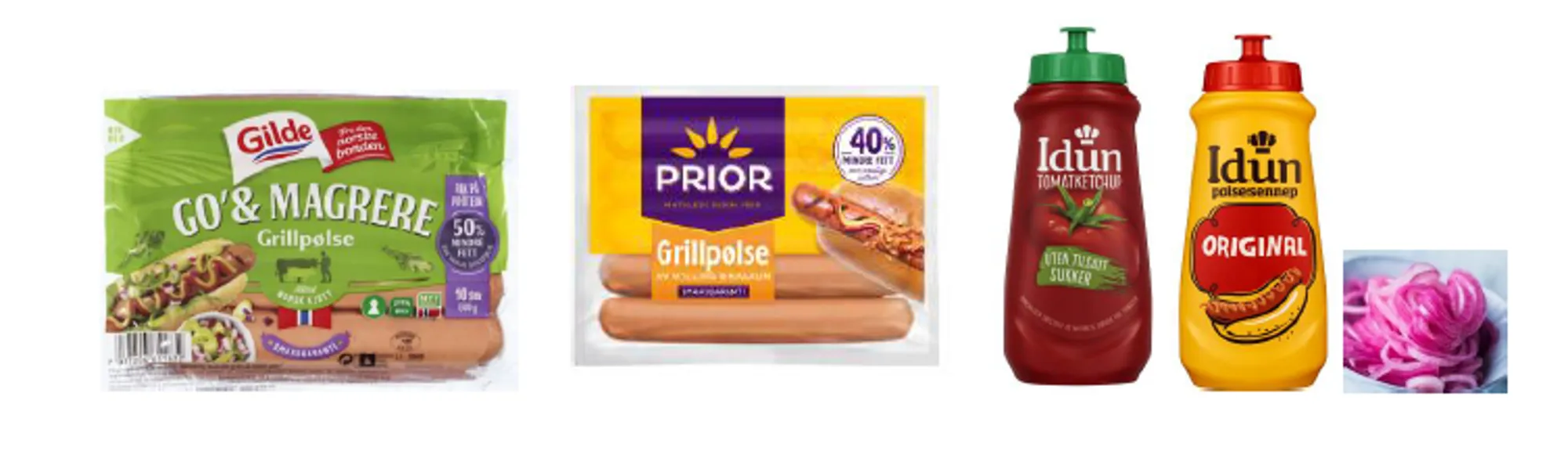 Pakker med magre grillpølser fra Gilde og Prior, samt flasker med Idun tomatketchup og Idun original sennep. Til høyre ligger en liten skål med syltet rødløk