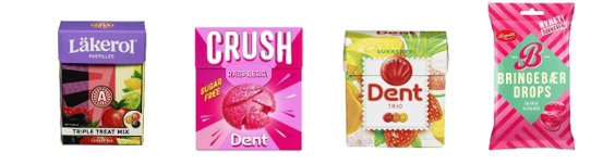 Fire  pastillesker, lækerol, Dent crush, Dent trio  og bringebærdrops