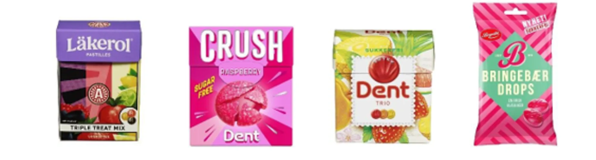 Fire  pastillesker, lækerol, Dent crush, Dent trio  og bringebærdrops