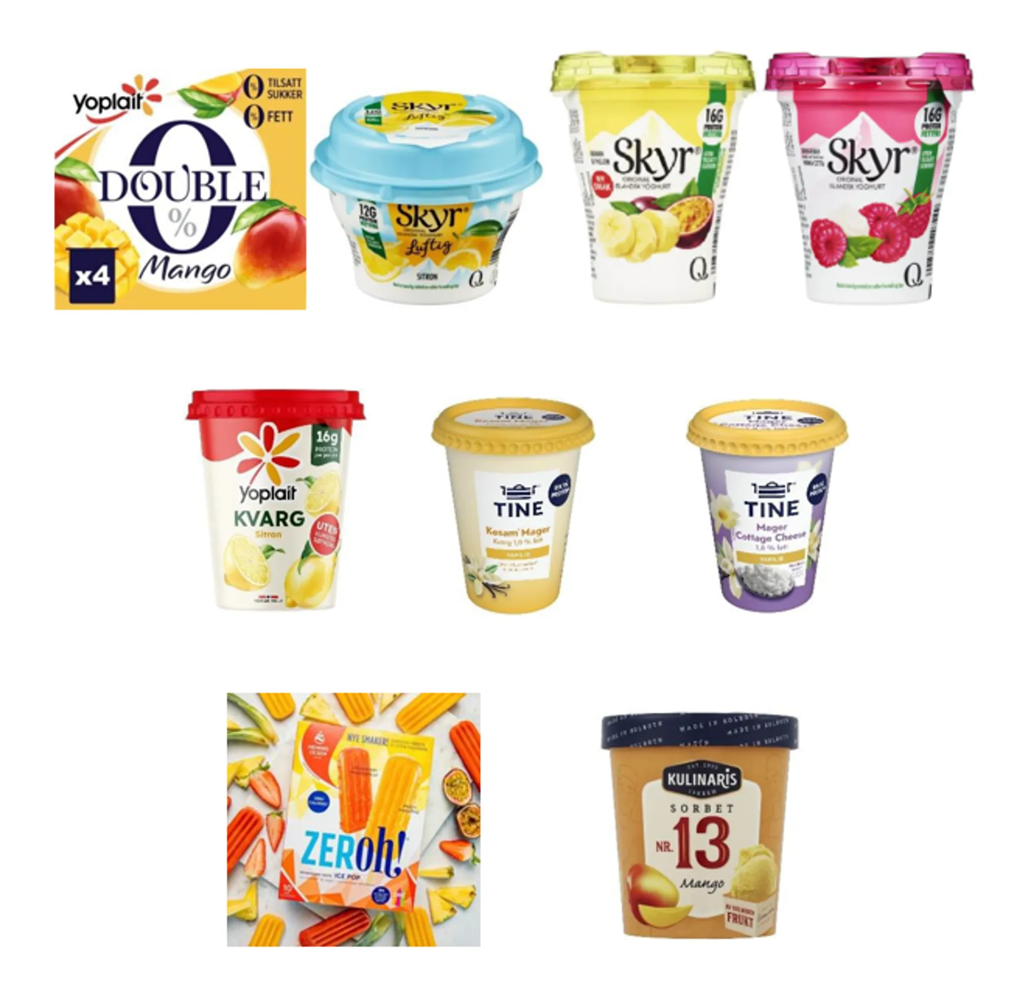 Bilder av flere ulike typer yoghurt, skyr, kesam og sorbet