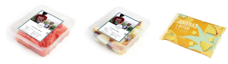 Bilde av tre forskjellige produkter med frukt, en pakke med oppskjært vannmelon, en pakke med oppkuttede ulike fruktbiter og en pakke med forsne ananasbiter