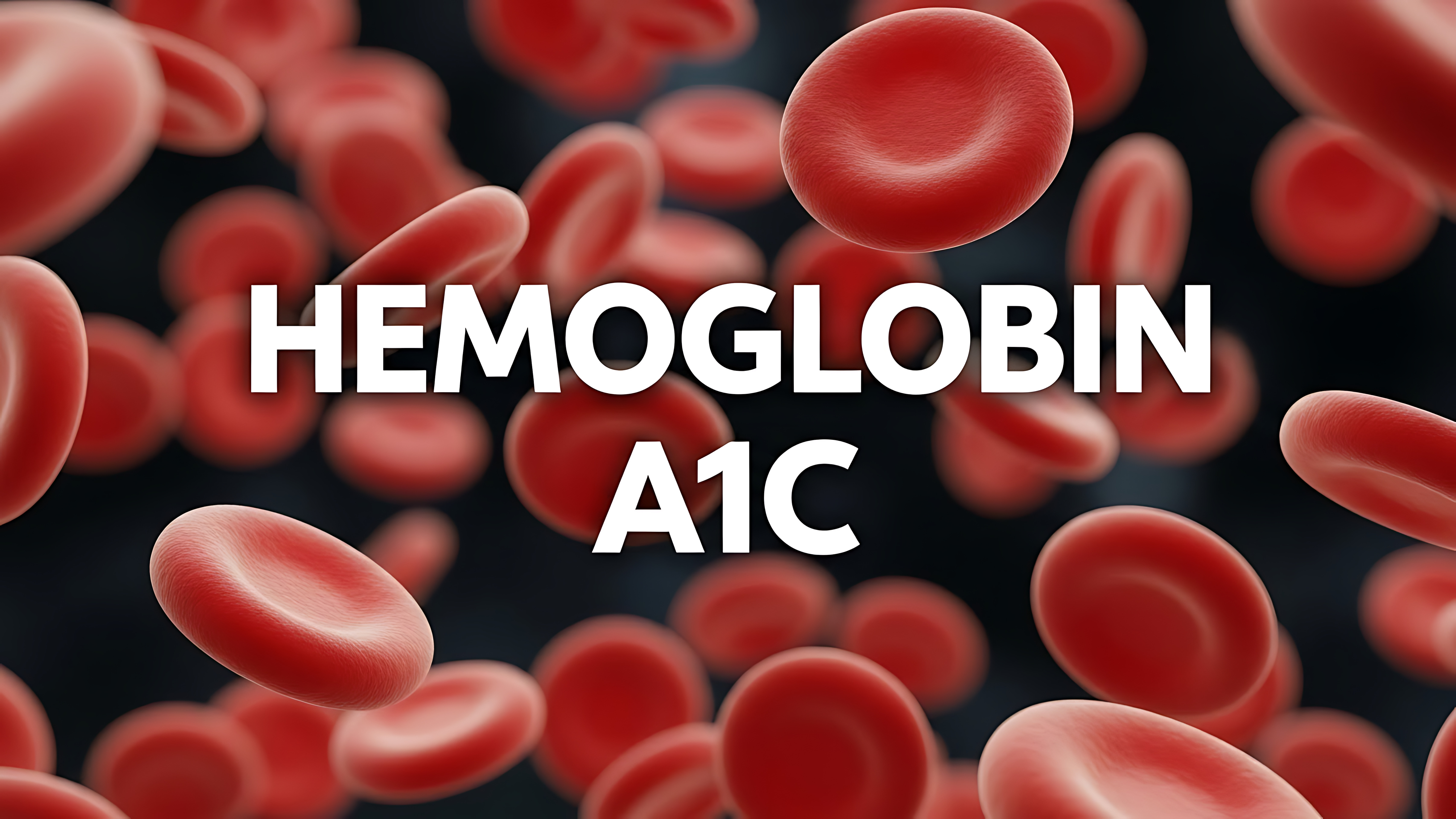 Illustrasjon av mange røde blodceller i bevegelse mot en mørk bakgrunn, med teksten «Hemoglobin A1C» plassert i midten.