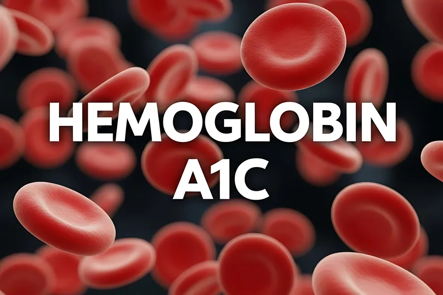 Illustrasjon av mange røde blodceller i bevegelse mot en mørk bakgrunn, med teksten «Hemoglobin A1C» plassert i midten.