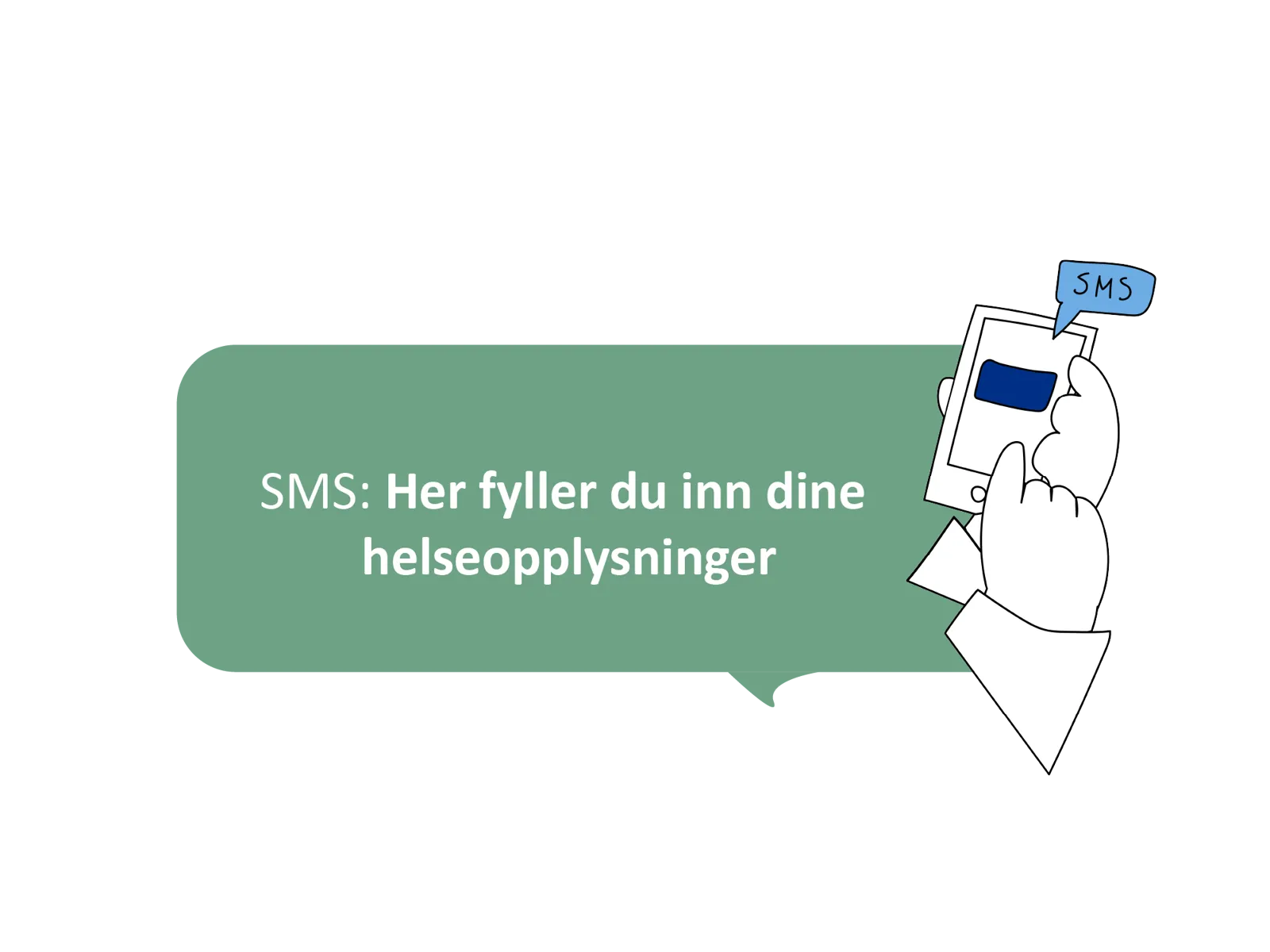 Illustrasjon av en mobiltelefon som mottar SMS, med tekst som viser at brukeren fyller inn helseopplysninger via SMS.