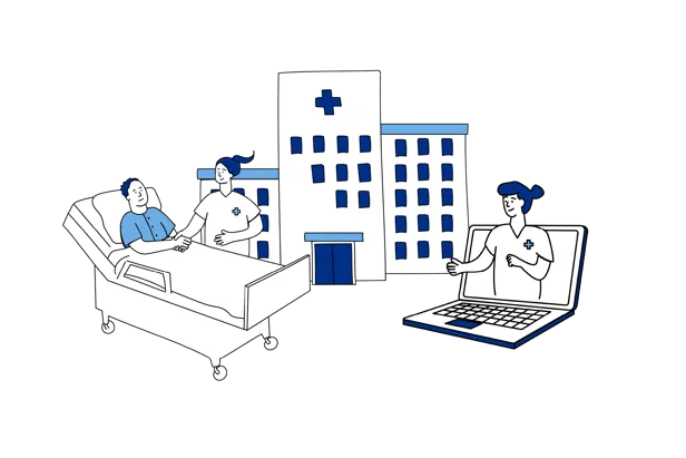 Illustrasjon som viser pasientbehandling i sykehus, med kontakt mellom pasient og helsepersonell både fysisk og digitalt.