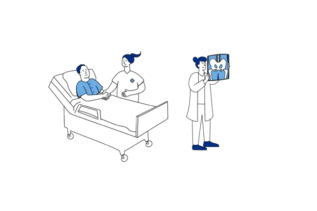 Illustrasjon som viser oppfølging etter operasjon, med pleie på sengepost og vurdering av røntgenbilder.