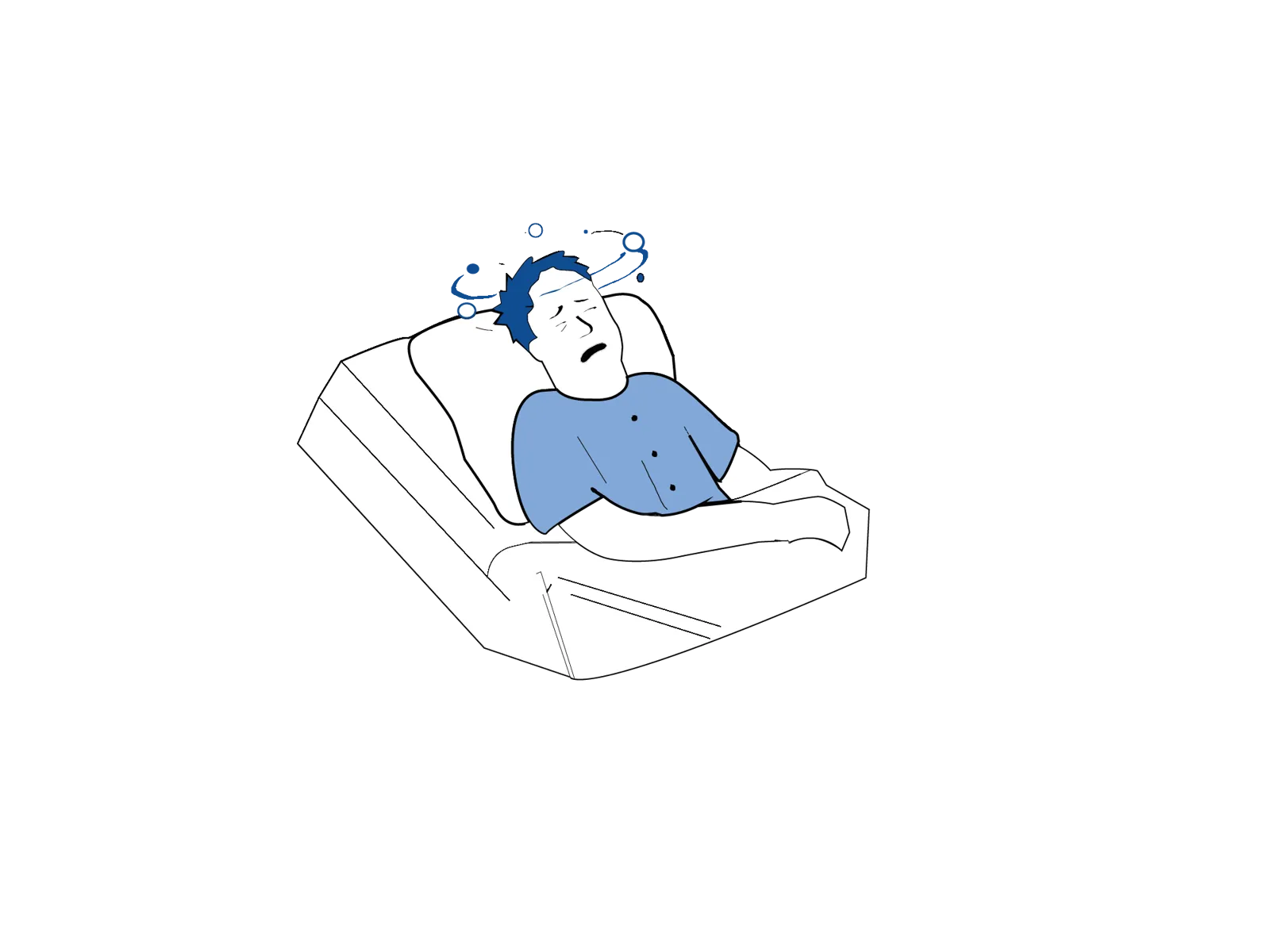 Illustrasjon som viser en pasient som hviler i seng etter operasjon og opplever svimmelhet eller ubehag.
