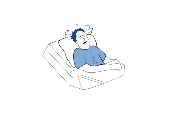 Illustrasjon som viser en pasient som hviler i seng etter operasjon og opplever svimmelhet eller ubehag.