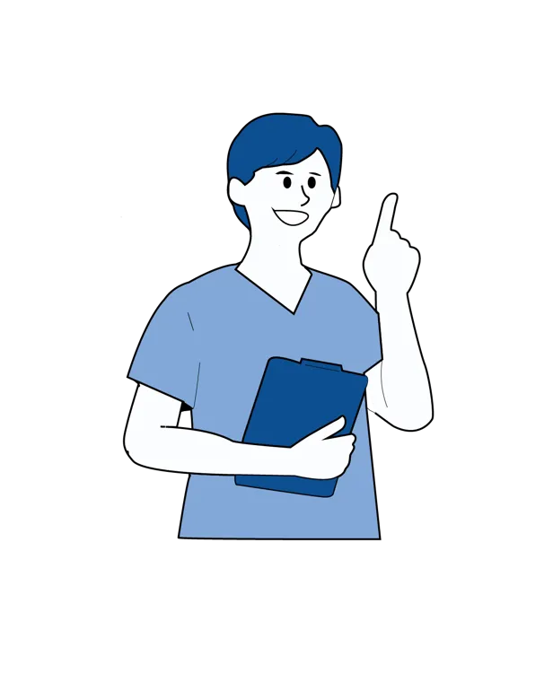 Illustrasjon som viser helsepersonell som gir informasjon og veiledning til pasienten etter operasjon.