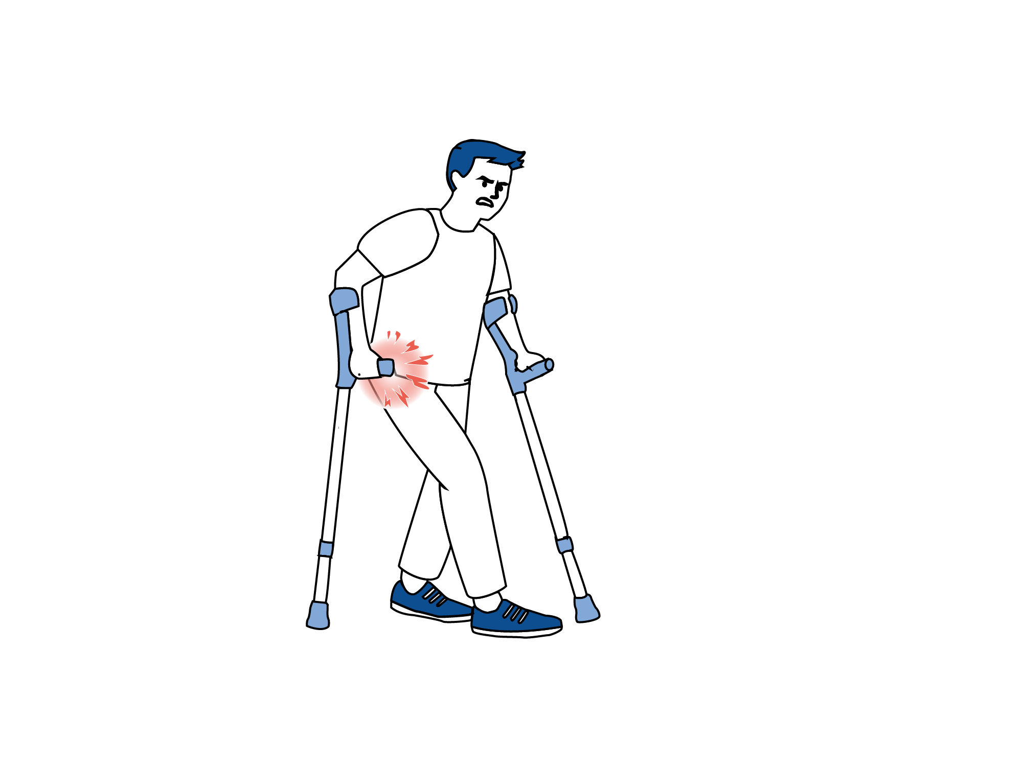 Illustrasjon som viser gang med krykker hjemme etter operasjon, med smerter eller ubehag i hoften.