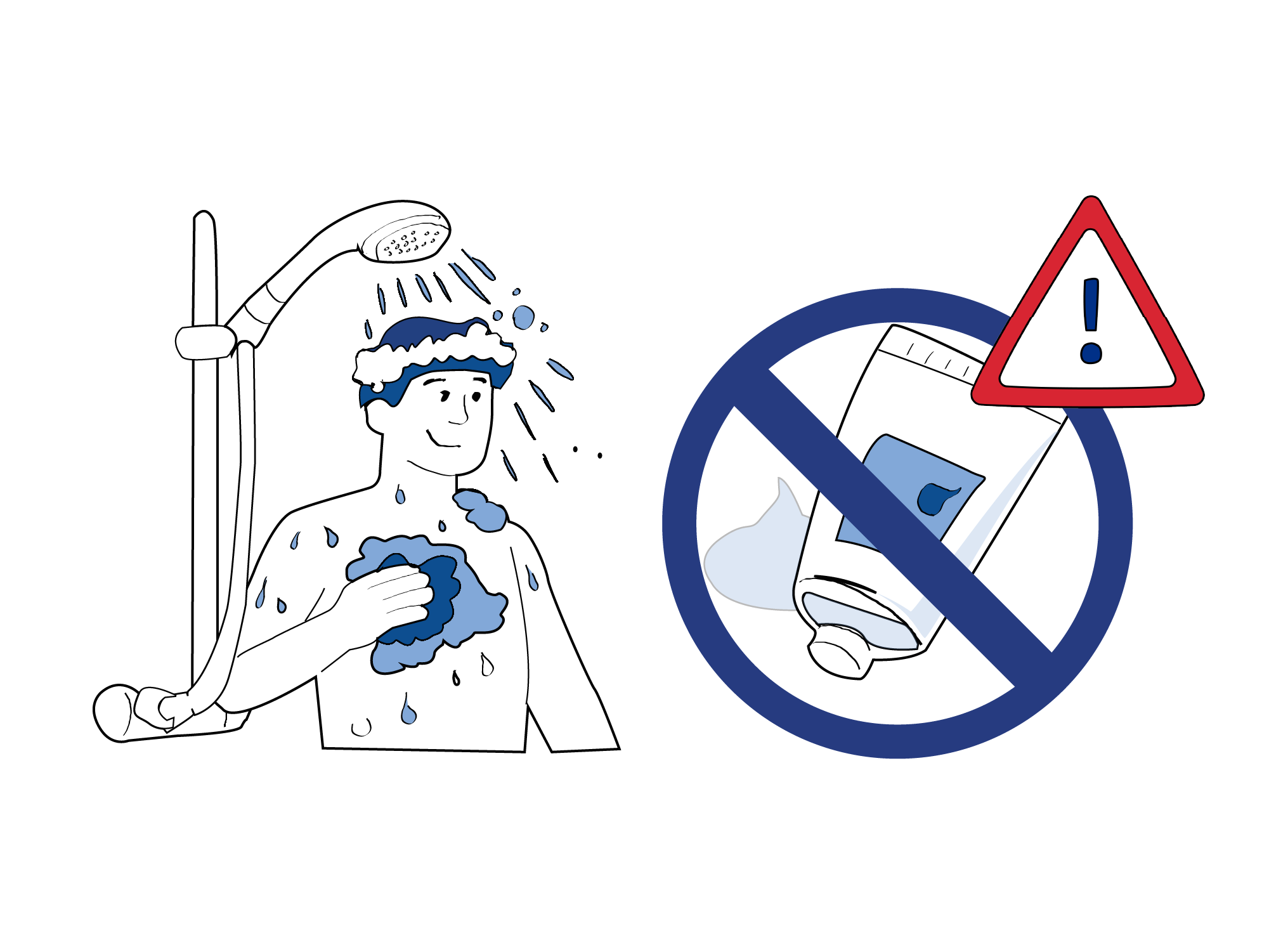 Illustrasjon som viser at det er tillatt å dusje, men ikke å bruke såpe eller kremer på operasjonsområdet.