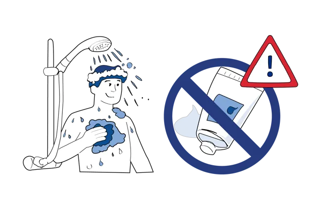 Illustrasjon som viser at det er tillatt å dusje, men ikke å bruke såpe eller kremer på operasjonsområdet.