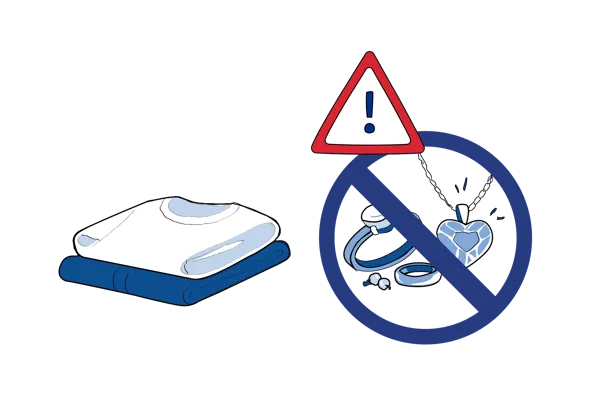 Illustrasjon som viser at du skal bruke rene klær, men ikke bruke smykker på operasjonsdagen.