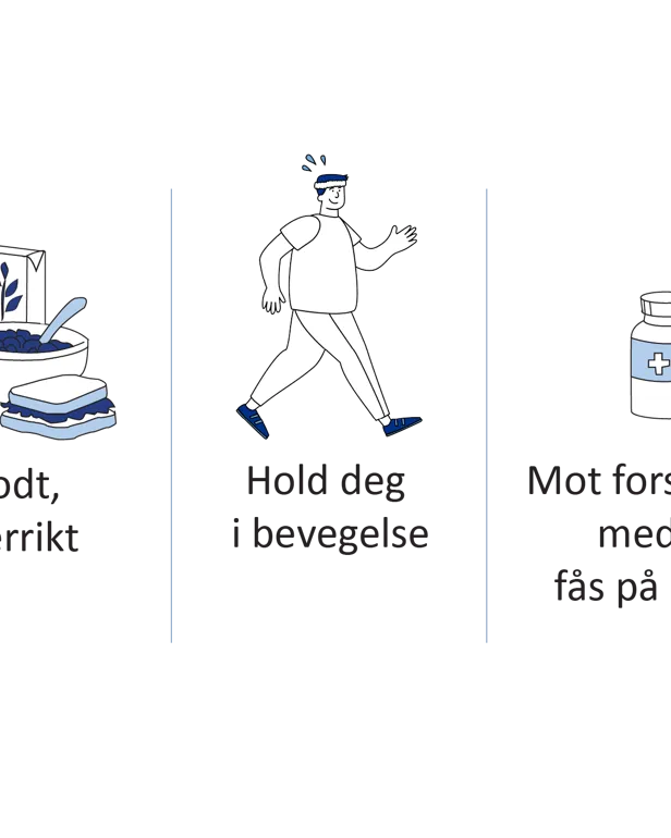 Illustrasjon som viser råd for å forebygge forstoppelse etter operasjon: drikk rikelig, spis fiberrik mat, hold deg i bevegelse og bruk avføringsmidler ved behov.