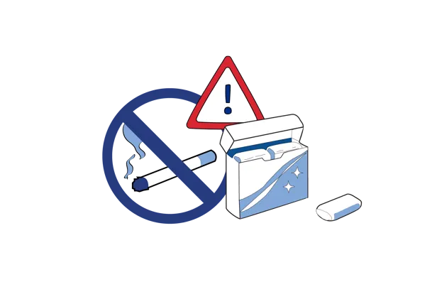 Illustrasjon som viser at du ikke skal røyke, snuse eller bruke tyggegummi før operasjon.