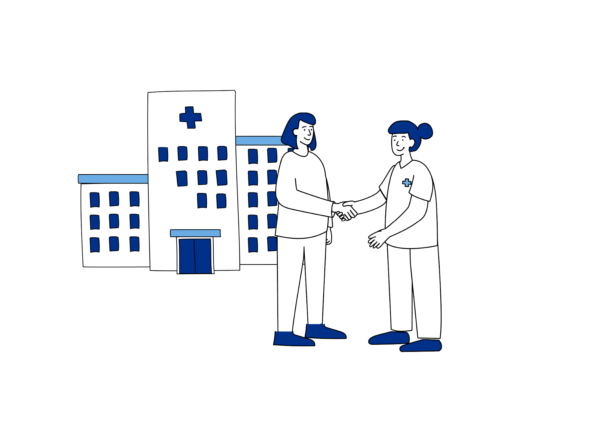 Illustrasjon som viser møte mellom pasient og helsepersonell ved ankomst til sykehus på operasjonsdagen.