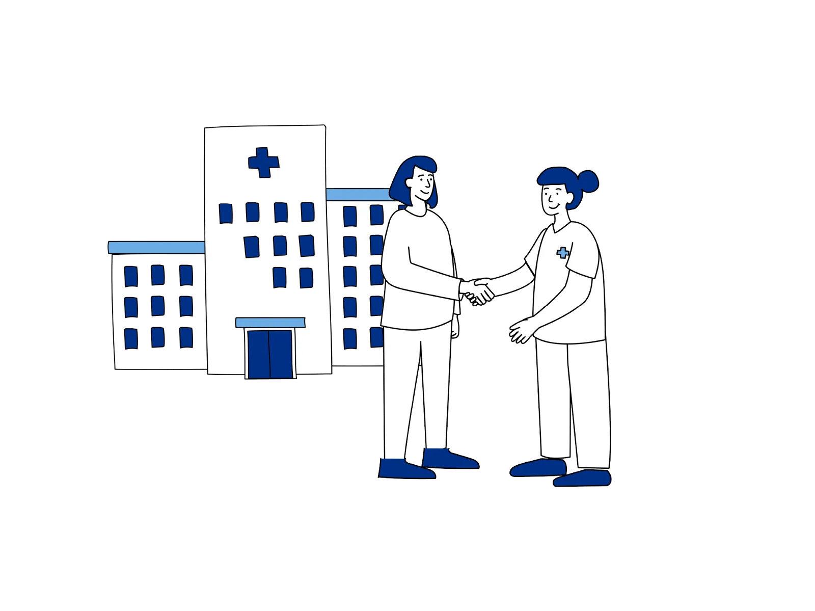 Illustrasjon som viser møte mellom pasient og helsepersonell ved ankomst til sykehus på operasjonsdagen.