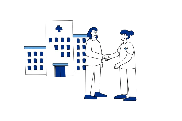 Illustrasjon som viser møte mellom pasient og helsepersonell ved ankomst til sykehus på operasjonsdagen.