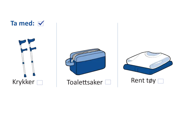Illustrasjon som viser hva du skal ta med til sykehuset: krykker, toalettsaker og rent tøy.