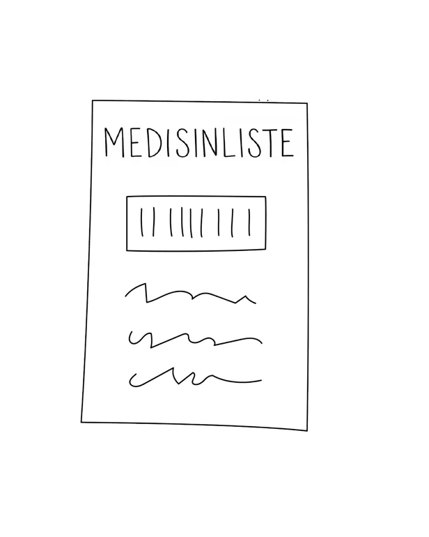 Illustrasjon som viser at du skal ta med en oppdatert medisinliste til sykehuset.