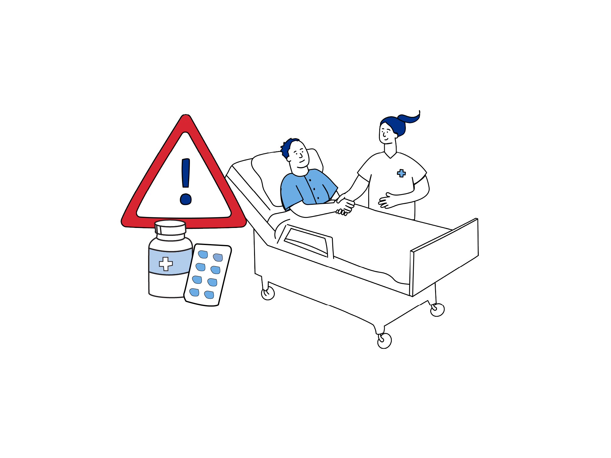 Illustrasjon som viser at du får medisiner og oppfølging av helsepersonell etter operasjonen.