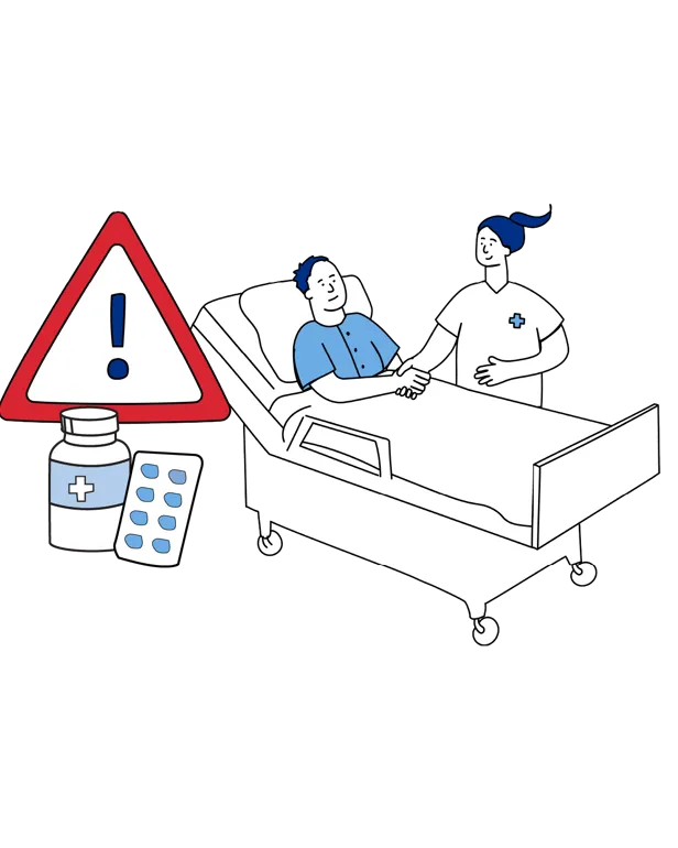 Illustrasjon som viser at du får medisiner og oppfølging av helsepersonell etter operasjonen.