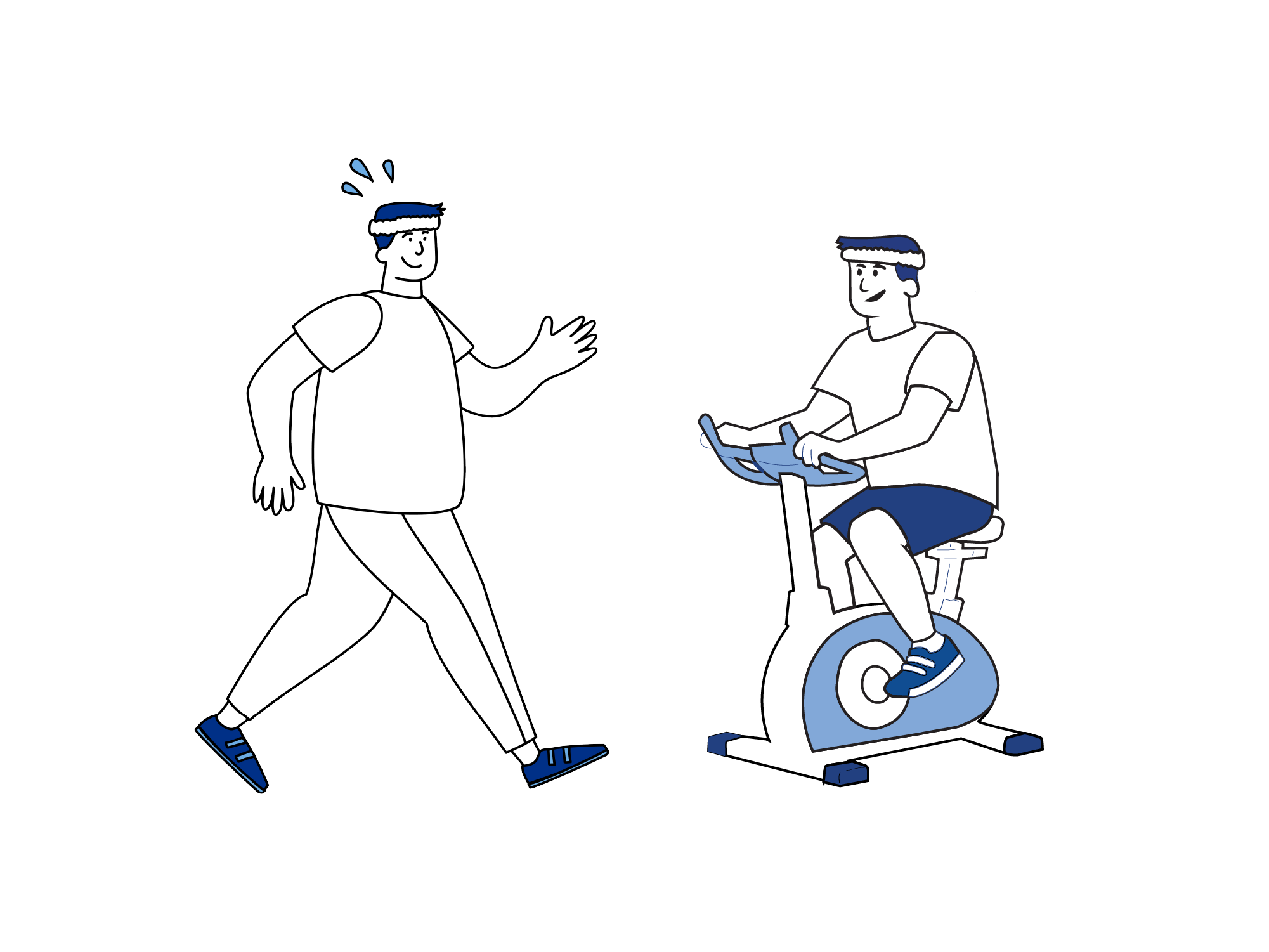 Illustrasjon som viser at fysisk aktivitet, som å gå tur og trene på ergometersykkel, anbefales i tiden før operasjon.