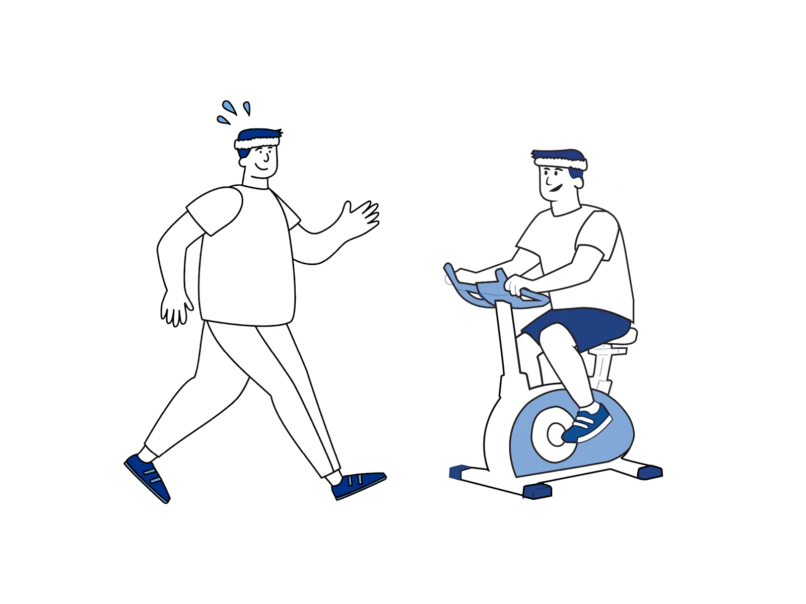 Illustrasjon som viser at fysisk aktivitet, som å gå tur og trene på ergometersykkel, anbefales i tiden før operasjon.