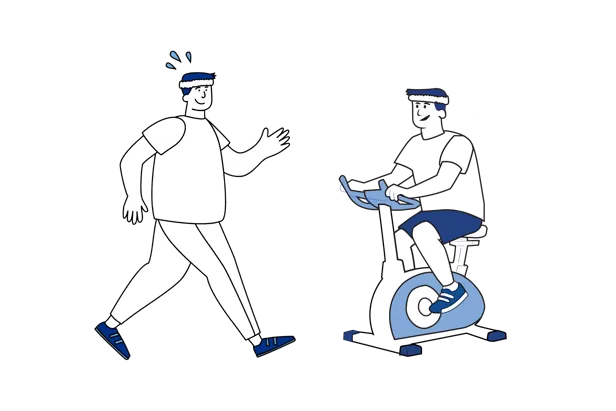 Illustrasjon som viser at fysisk aktivitet, som å gå tur og trene på ergometersykkel, anbefales i tiden før operasjon.