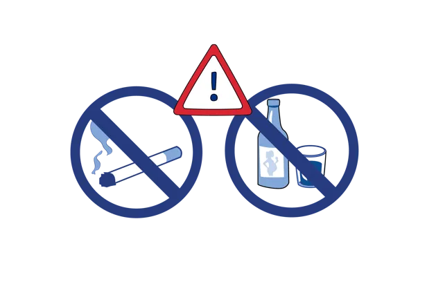 Illustrasjon som viser at du ikke skal røyke eller drikke alkohol i tiden før operasjon