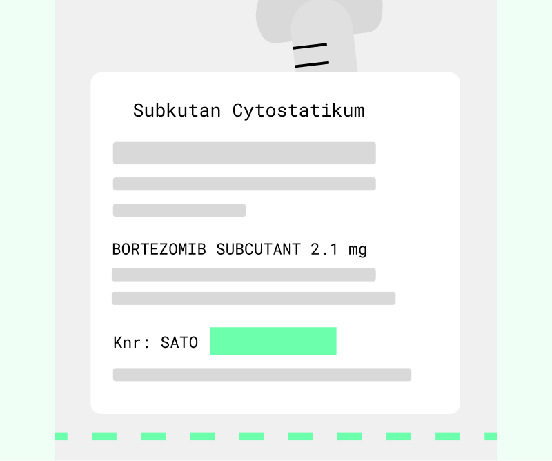 Illustrasjon av en legemiddeletikett for subkutant cytostatikum, med teksten «Bortezomib subcutant 2,1 mg» og merking av koden SATO.