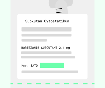 Illustrasjon av en legemiddeletikett for subkutant cytostatikum, med teksten «Bortezomib subcutant 2,1 mg» og merking av koden SATO.