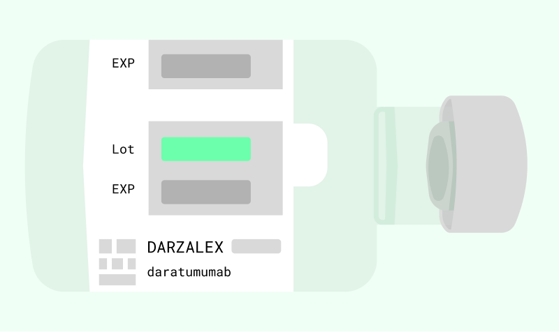 Illustrasjon av et legemiddelglass merket «DARZALEX (daratumumab)» med felt for lot-nummer og utløpsdato, vist sammen med en sprøyte.