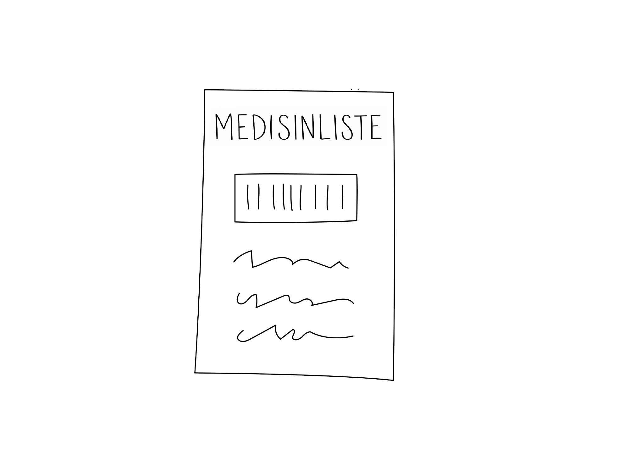 Illustrasjon av en medisinliste, med overskrift «Medisinliste» og plass til navn og notater.