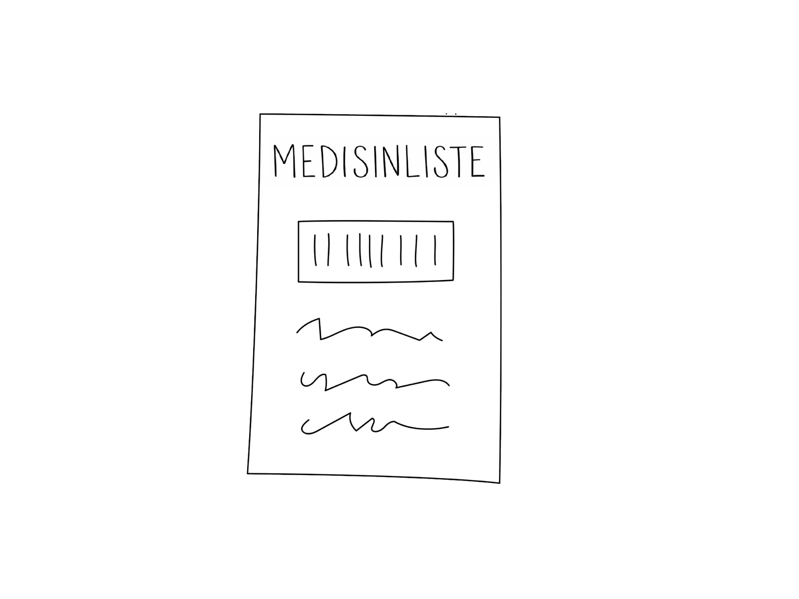 Illustrasjon av en medisinliste, med overskrift «Medisinliste» og plass til navn og notater.