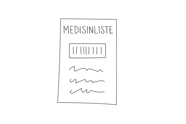 Illustrasjon av en medisinliste, med overskrift «Medisinliste» og plass til navn og notater.