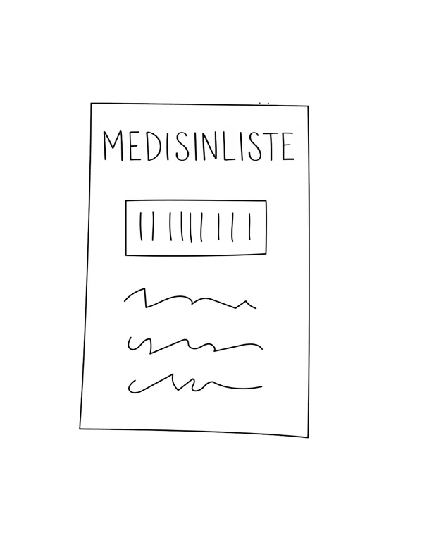 Illustrasjon av en medisinliste, med overskrift «Medisinliste» og plass til navn og notater.