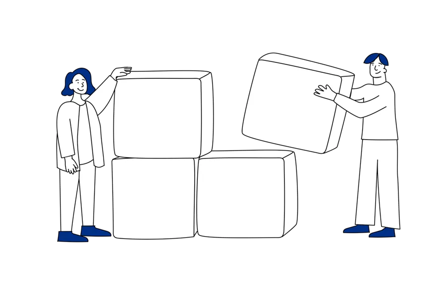 Illustrasjon av en kvinne og en mann som samarbeider om å bygge med store klosser