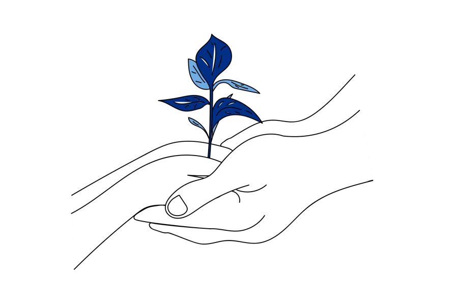 Tegning av to hender som holder i hverandre, med en plante som gror opp fra hendene