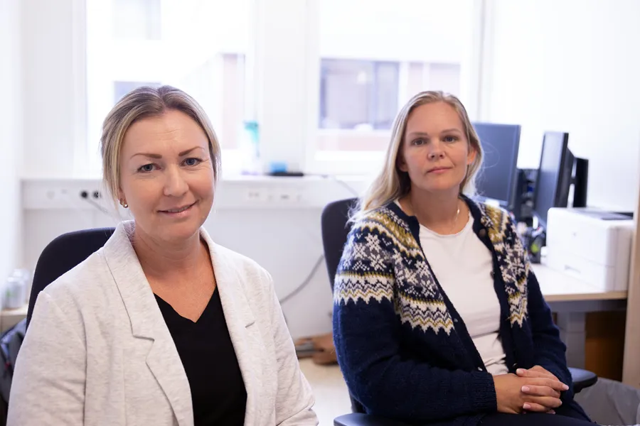 Et par kvinner som sitter ved et skrivebord