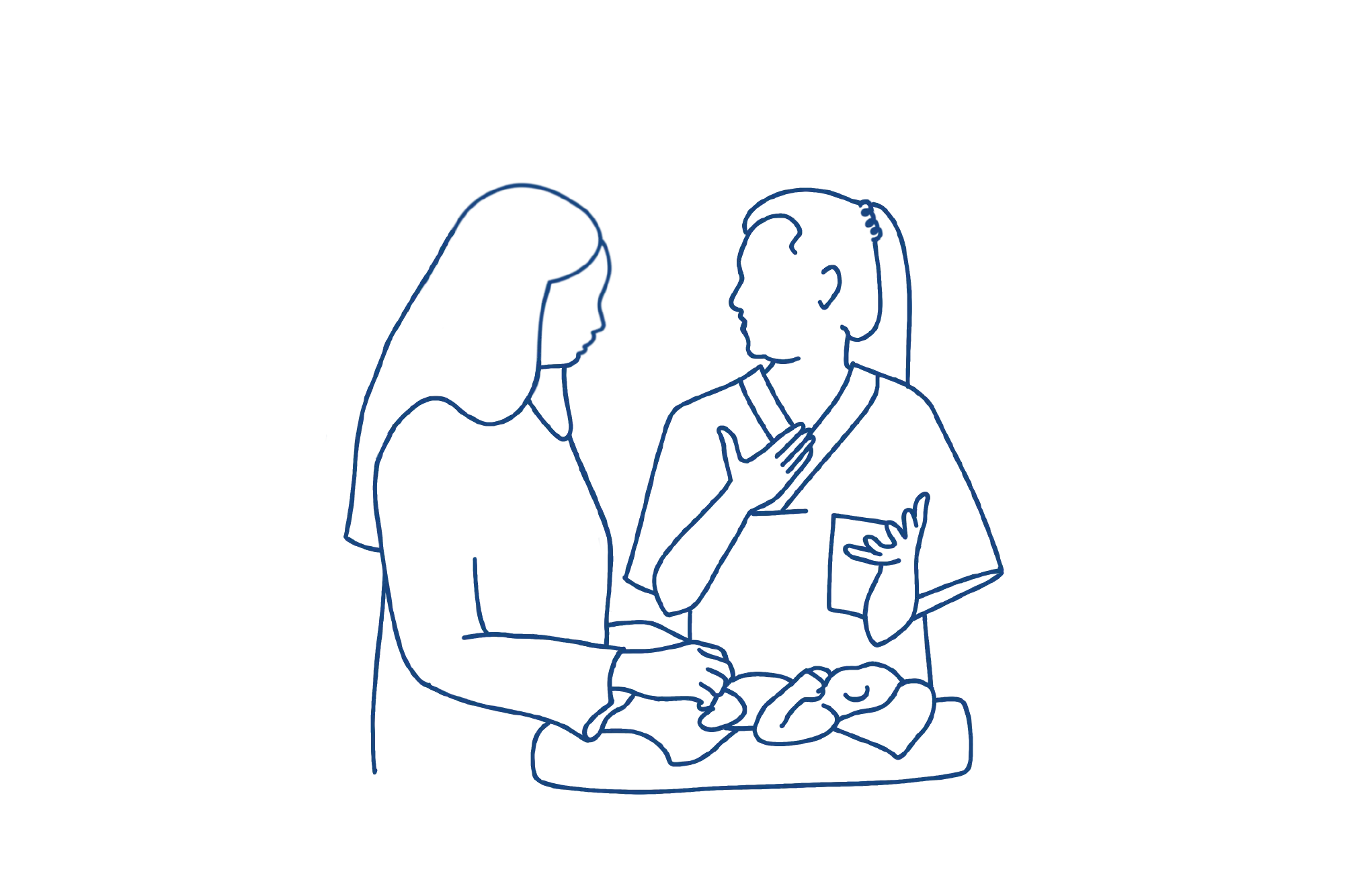 Illustrasjon av baby, mor og sykepleier