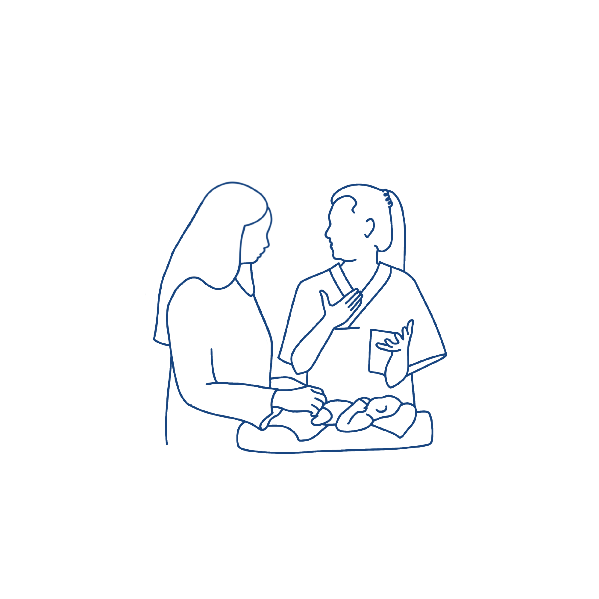 Illustrasjon av mor og sykepleier som prater og baby på stellebord