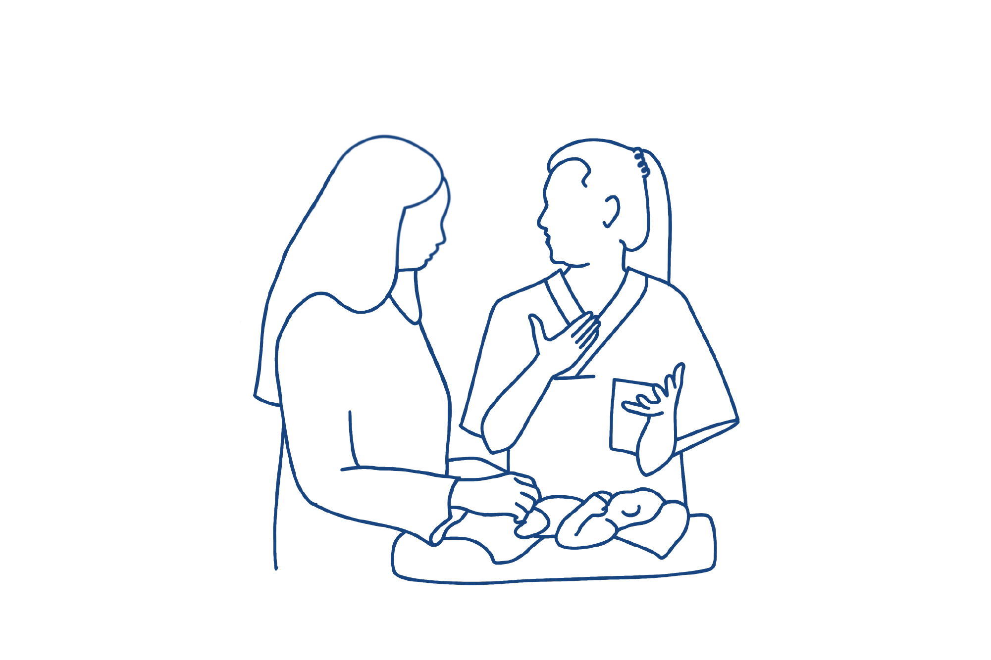 Illustrasjon av mor og sykepleier som prater og baby på stellebord