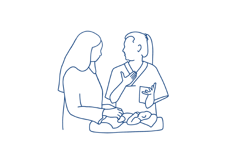 Illustrasjon av mor og sykepleier som prater og baby på stellebord