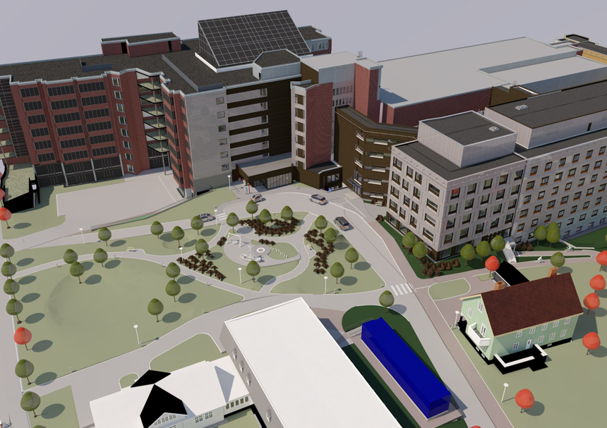 takiavgangsbygg og sykehuspark og kliniske kontorer