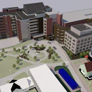 takiavgangsbygg og sykehuspark og kliniske kontorer